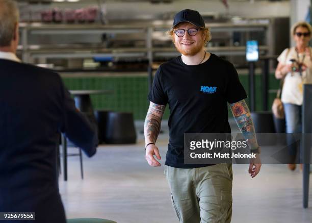 Ed Sheeran arrives to a media call at Optus Stadium for the launch of a record-breaking Australian and New Zealand Tour on March 1, 2018 in Perth,...