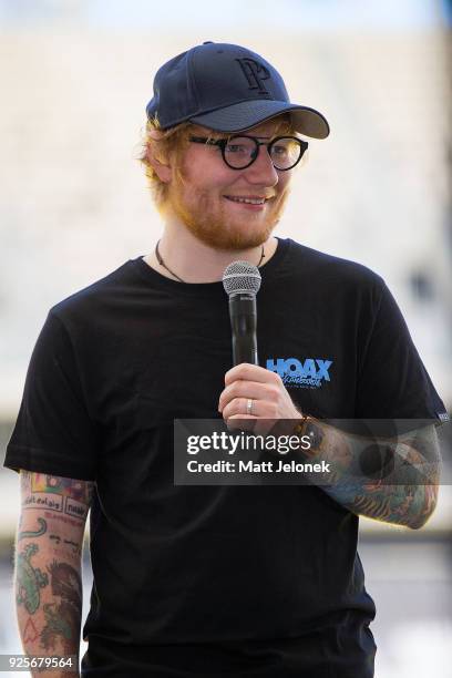 Ed Sheeran speaks to media at Optus Stadium during a media call for the launch of a record-breaking Australian and New Zealand Tour on March 1, 2018...