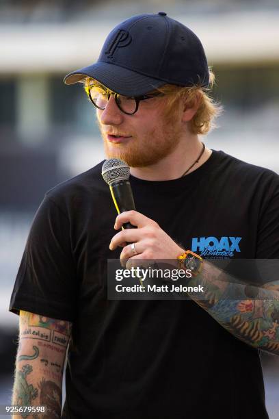 Ed Sheeran speaks to Promoter Michael Gudinski at Optus Stadium during a media call for the launch of a record-breaking Australian and New Zealand...