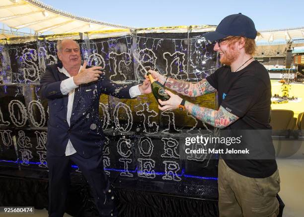 Ed Sheeran with Promoter Michael Gudinski at Optus Stadium during a media call for the launch of a record-breaking Australian and New Zealand Tour on...