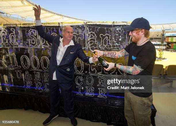 Ed Sheeran with Promoter Michael Gudinski at Optus Stadium during a media call for the launch of a record-breaking Australian and New Zealand Tour on...