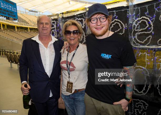 Ed Sheeran with Promoter Michael Gudinski and wife at Optus Stadium during a media call for the launch of a record-breaking Australian and New...