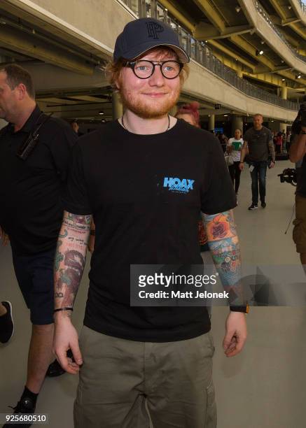 Ed Sheeran departs the media call at Optus Stadium for the launch of a record-breaking Australian and New Zealand Tour on March 1, 2018 in Perth,...