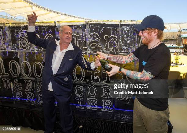 Ed Sheeran with Promoter Michael Gudinski at Optus Stadium during a media call for the launch of a record-breaking Australian and New Zealand Tour on...