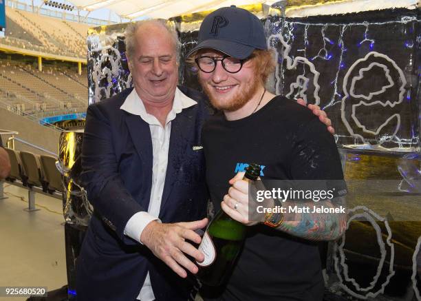 Ed Sheeran with Promoter Michael Gudinski at Optus Stadium during a media call for the launch of a record-breaking Australian and New Zealand Tour on...