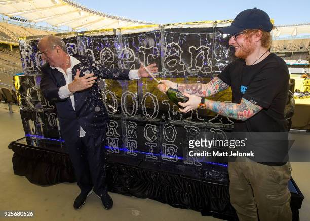 Ed Sheeran with Promoter Michael Gudinski at Optus Stadium during a media call for the launch of a record-breaking Australian and New Zealand Tour on...