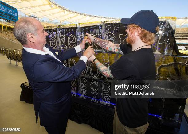 Ed Sheeran with Promoter Michael Gudinski at Optus Stadium during a media call for the launch of a record-breaking Australian and New Zealand Tour on...