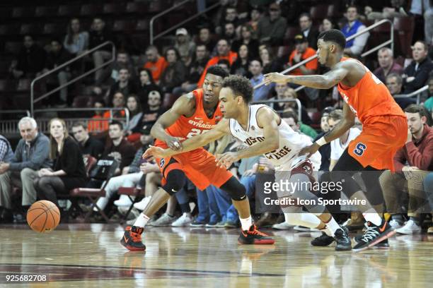 Boston College Eagles guard Jordan Chatman looses control of the ball. During the Boston College Eagles game against the Syracuse Orange at Conte...