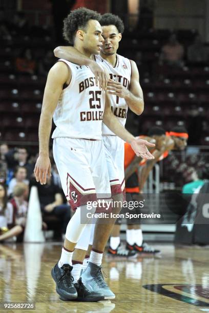 Boston College Eagles guard Jordan Chatman and Boston College Eagles guard Jerome Robinson congratulate each other on the 85 to 70 win. During the...