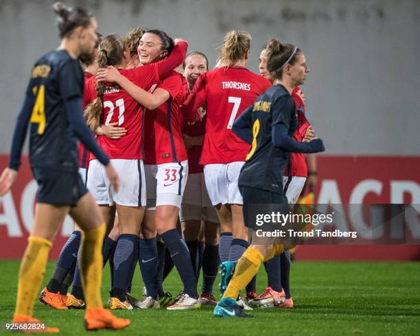 Guro Reiten, Ina Gausdal, Ingrid S Engen, Lisa Marie Utland, Elise Thorsnes, Ingrid Moe Wold of Norway celebrates goal during Algarve Cup between...