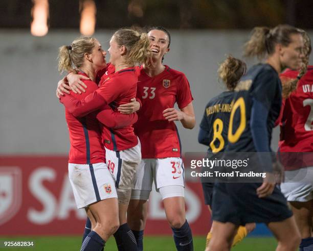 Elise Thorsnes, Ingvild Isaksen, Ingrid S Engen of Norway celebrates goal during Algarve Cup between Australia v Norway on February 28, 2018 in...