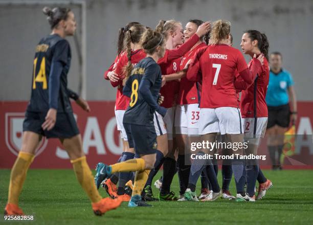 Guro Reiten, Ina Gausdal, Ingrid S Engen, Elise Thorsnes, Ingrid Moe Wold of Norway celebrates goal during Algarve Cup between Australia v Norway on...