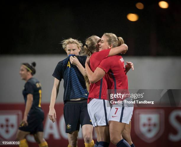 Elise Thorsnes, Lisa Marie Utland of Norway celebrates goal during Algarve Cup between Australia v Norway on February 28, 2018 in Albufeira, Portugal.