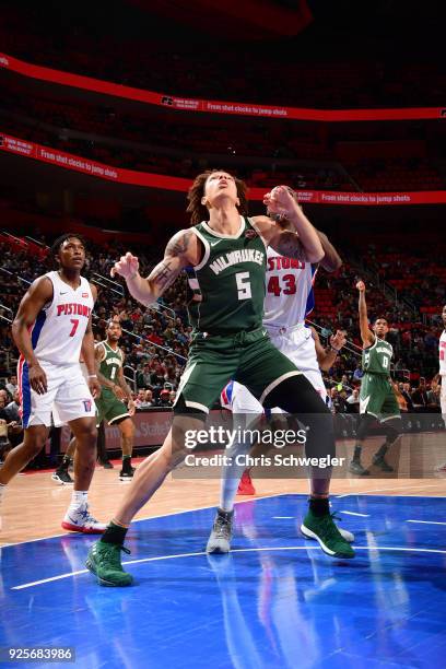 Wilson of the Milwaukee Bucks boxes out against the Detroit Pistons on February 28, 2018 at Little Caesars Arena in Detroit, Michigan. NOTE TO USER:...