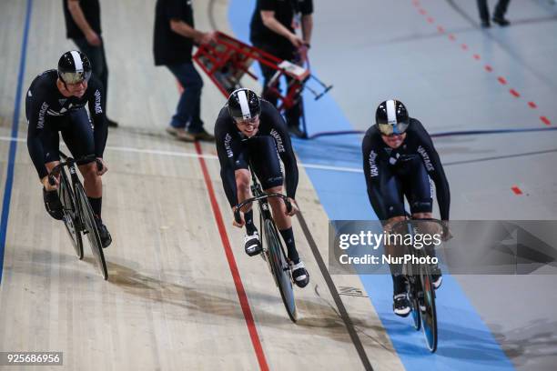 Ethan Mitchell,Sam Webster,Edward Dawkins of Men`s team sprint compete at The UCI World Cycling Championships in Apeldoorn on February 28, 2018.