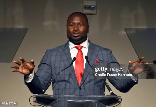 Global Green board member Ovie Mughelli speaks onstage during the15th Annual Global Green Pre Oscar Party at NeueHouse Hollywood on February 28, 2018...