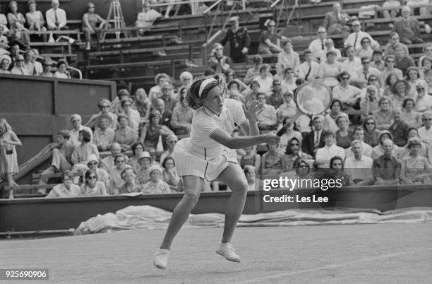 American tennis player Mary-Ann Eisel in action during the 1968 Wightman Cup, All England Lawn Tennis and Croquet Club, Wimbledon, London, UK, 16th...