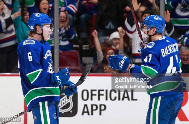 Brock Boeser of the Vancouver Canucks is congratulated by teammate Sven Baertschi after scoring during their NHL game against the New York Rangers at...