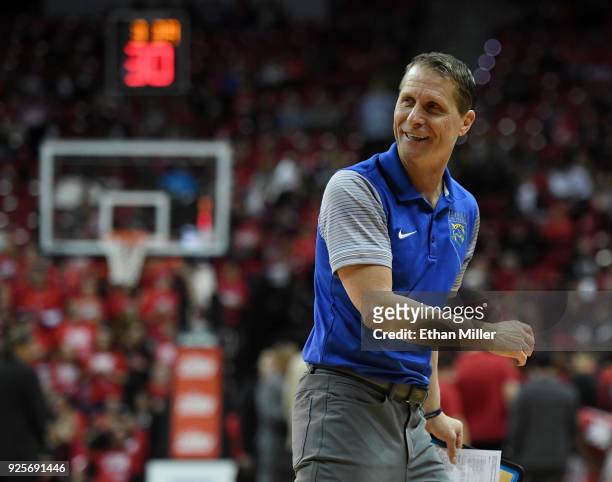 Head coach Eric Musselman of the Nevada Wolf Pack reacts during his team's game against the UNLV Rebels at the Thomas & Mack Center on February 28,...