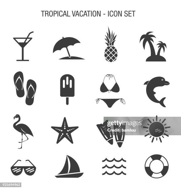 tropischen urlaub-icon-set - cocktail umbrella stock-grafiken, -clipart, -cartoons und -symbole