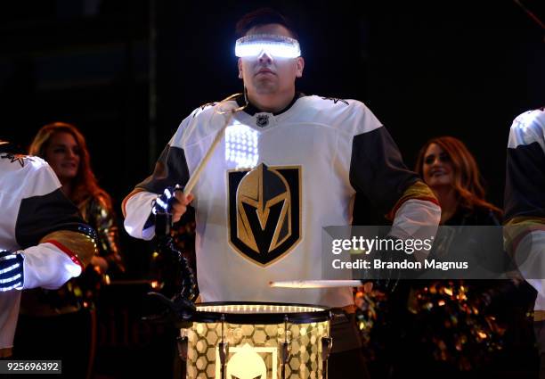 Members of the Vegas Golden Knights Knight Line Drumbots perform during the Ultimate Sports Weekend Pep Rally at Toshiba Plaza on February 28, 2018...