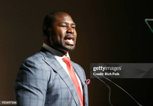 Global Green board member Ovie Mughelli speaks onstage during the15th Annual Global Green Pre Oscar Party at NeueHouse Hollywood on February 28, 2018...