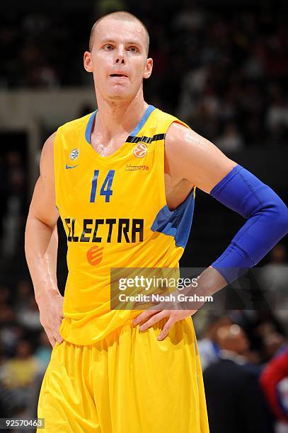 Maciej Lampe of Maccabi Electra Tel Aviv looks on during a preseason game against the Los Angeles Clippers at Staples Center on October 20, 2009 in...