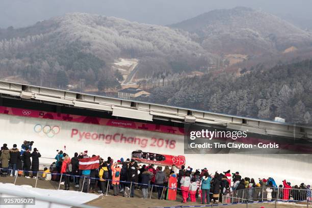 The Canadian team piloted by Justin Kripps with Jesse Lumsden, Alexander Kopacz and Oluseyi Smith during their third run in the Bobsleigh 4-man...