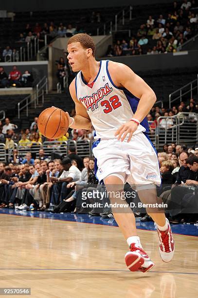 Blake Griffin of the Los Angeles Clippers moves the ball up court during a preseason game against Maccabi Electra Tel Aviv at Staples Center on...