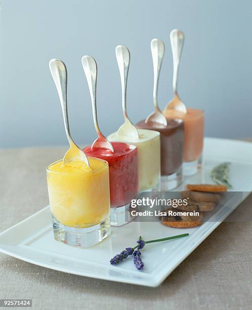 assorted sorbets with spoons - raspberry sorbet stock pictures, royalty-free photos & images