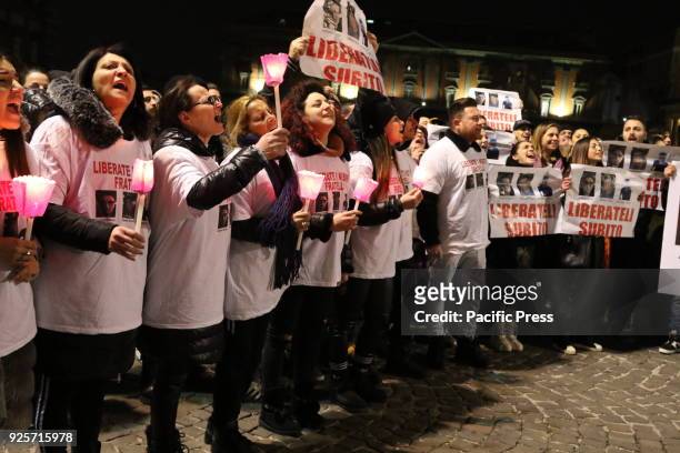 Torchlight procession to demand the release of Raffaele Russo his son Antonio, 25 years old and his nephew Vincenzo Cimmino all Neapolitan and...