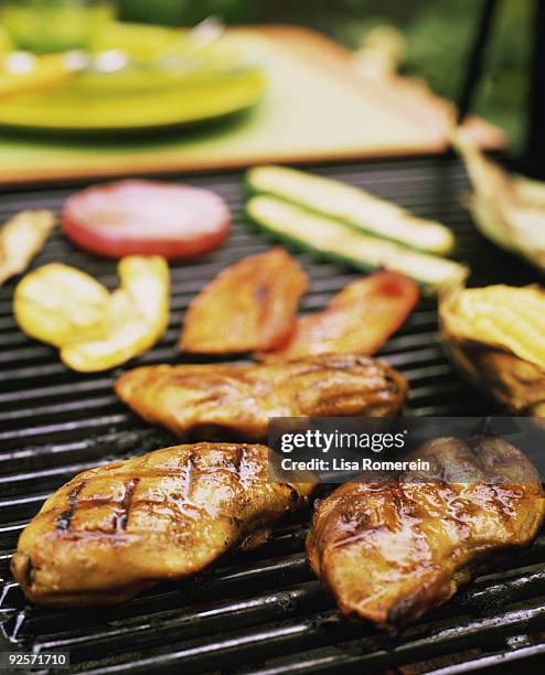 chicken and vegetables on grill - 鶏胸肉のグリル ストックフォトと画像