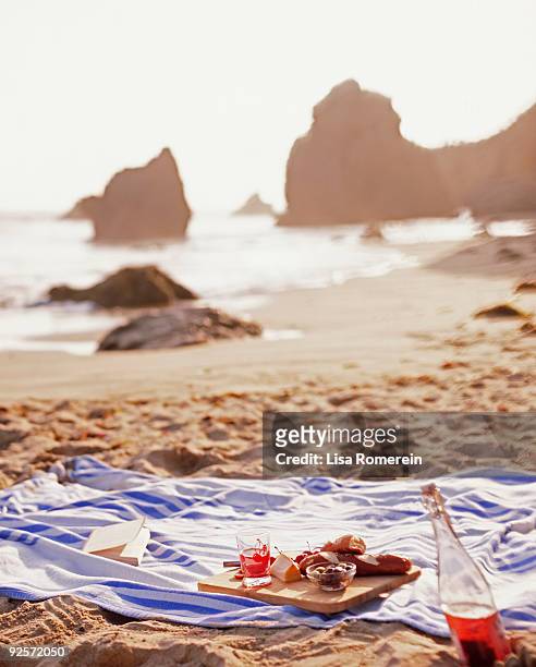 picnic blanket on sandy beach - picnic blanket stockfoto's en -beelden