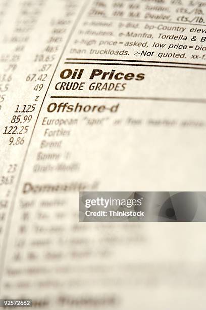 listing of oil prices - petits caractères photos et images de collection