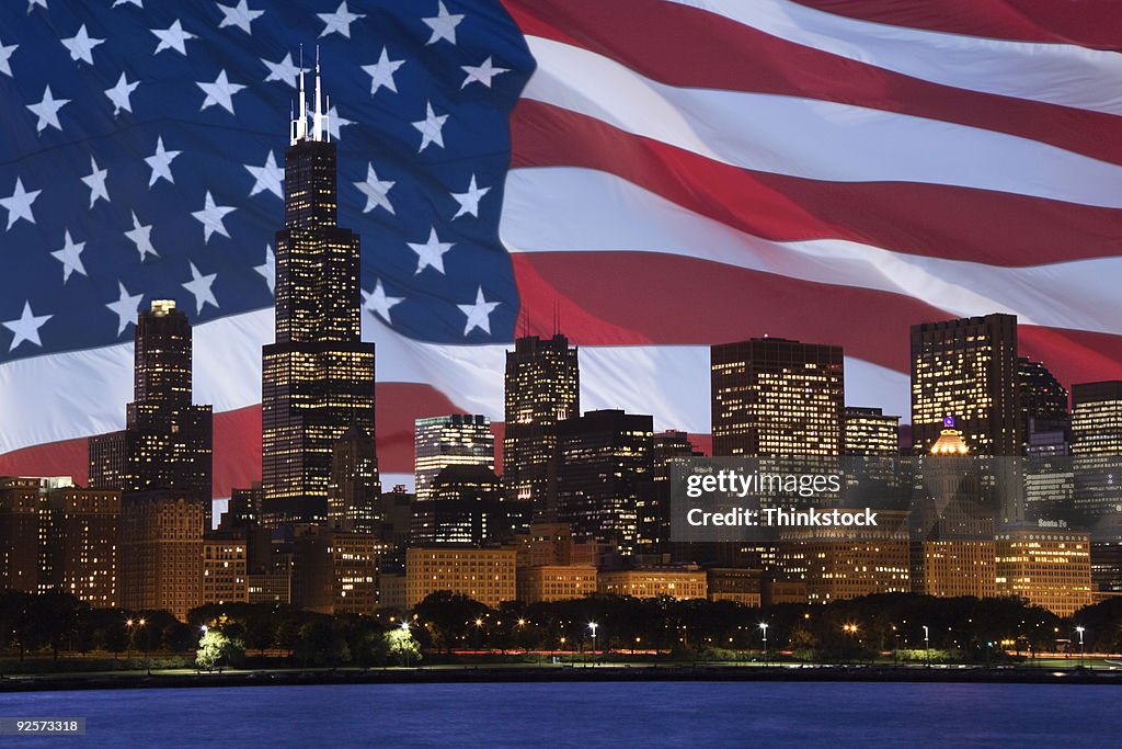 Downtown Chicago composite with American flag