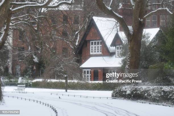 St. Stephens Green park covers in a blanket of snow. The park is closed to the public as highest level weather warning has been issue across Ireland...