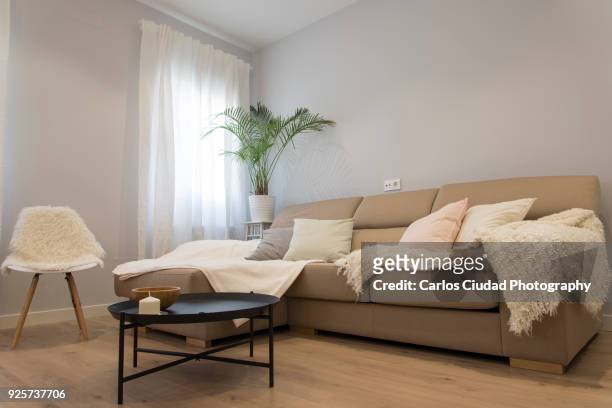 low angle view of modern and cozy living room - divã sofá imagens e fotografias de stock