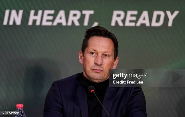 Head coach of Beijing Guoan Roger Schmidt speaks to the media during a press conference at Beijing Workers Stadium on March 1, 2018 in Beijing, China.