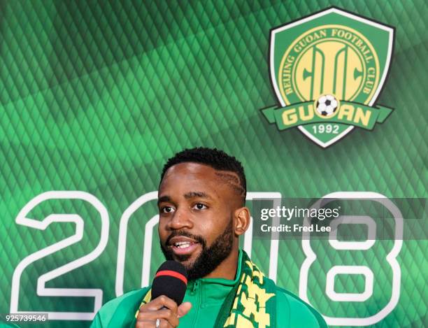 Cedric Bakambu of Beijing Guoan FC attends a press conference at Worker's Stadium on March 1, 2018 in Beijing, China.