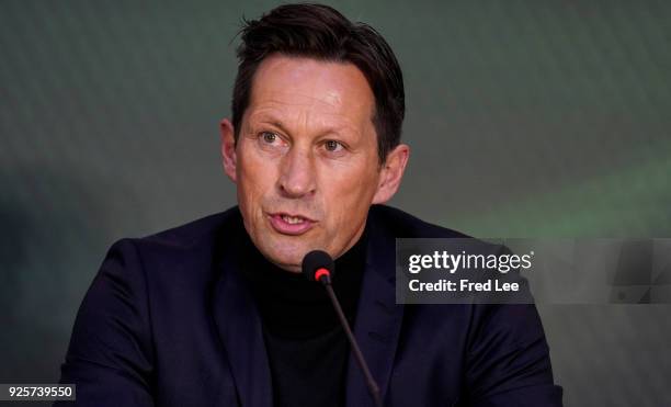 Head coach of Beijing Guoan Roger Schmidt speaks to the media during a press conference at Beijing Workers Stadium on March 1, 2018 in Beijing, China.