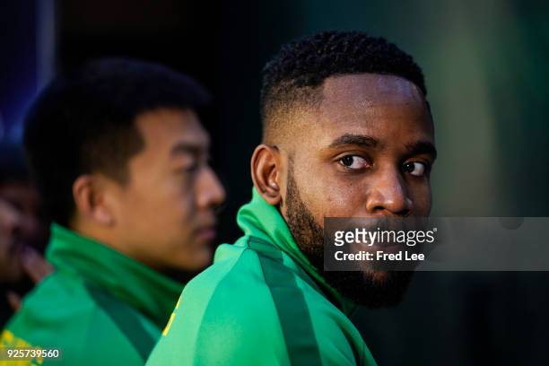 Cedric Bakambu of Beijing Guoan FC attends a press conference at Worker's Stadium on March 1, 2018 in Beijing, China.