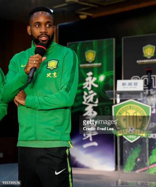 Cedric Bakambu of Beijing Guoan FC attends a press conference at Worker's Stadium on March 1, 2018 in Beijing, China.