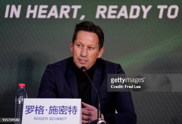 Head coach of Beijing Guoan Roger Schmidt speaks to the media during a press conference at Beijing Workers Stadium on March 1, 2018 in Beijing, China.
