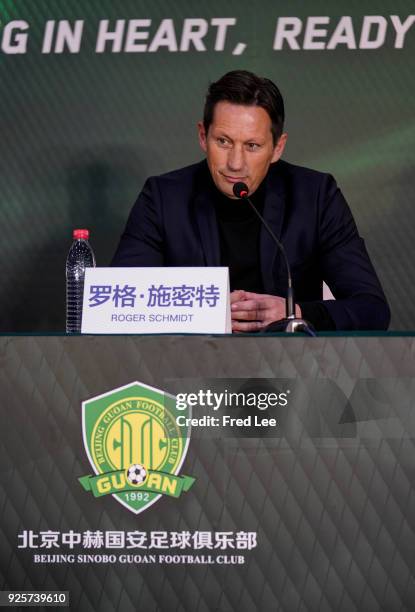 Head coach of Beijing Guoan Roger Schmidt speaks to the media during a press conference at Beijing Workers Stadium on March 1, 2018 in Beijing, China.