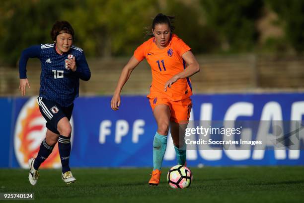 Mizuho Sakaguchi of Japan Women, Lieke Martens of Holland Women during the Algarve Cup Women match between Japan v Holland at the Estadio Municipal...