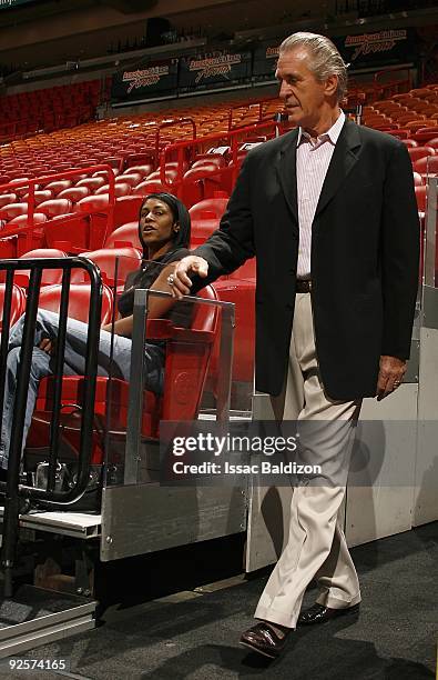 Miami Heat President Pat Riley walks out to the 2009 Miami Heat Open Practice on October 25, 2009 at the America Airlines Arena in Miami, Florida....