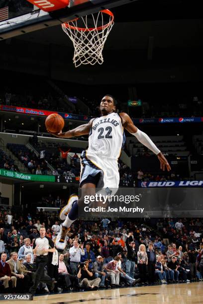 Rudy Gay of the Memphis Grizzlies dunks against the Toronto Raptors on October 30, 2009 at FedExForum in Memphis, Tennessee. NOTE TO USER: User...