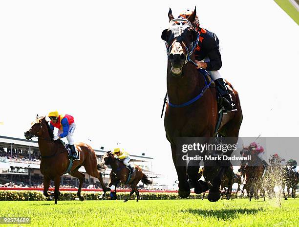 Jockey Michael Rodd riding Shocking wins the Lexus Stakes during the 2009 Victoria Derby Day meeting at Flemington Racecourse on October 31, 2009 in...