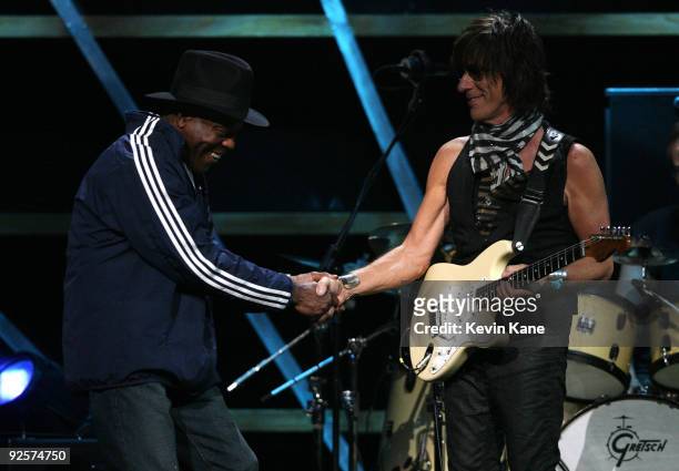 Buddy Guy and Jeff Beck perform onstage at the 25th Anniversary Rock & Roll Hall of Fame Concert at Madison Square Garden on October 30, 2009 in New...