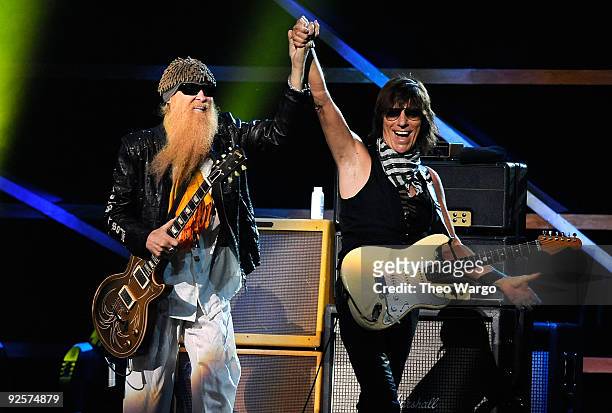 Billy Gibbons performs onstage with Jeff Beck at the 25th Anniversary Rock & Roll Hall of Fame Concert at Madison Square Garden on October 30, 2009...